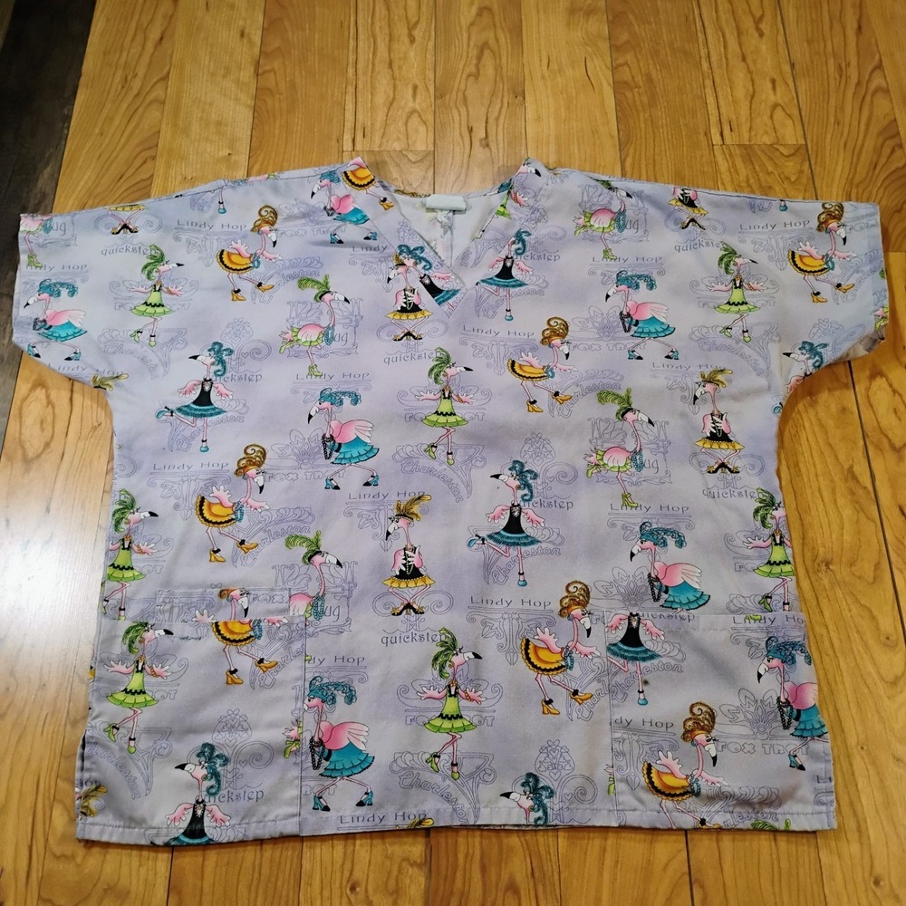 Scrub Wear Brand Women's Purple Flamingo Graphic Scrub  Top